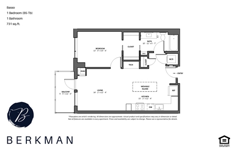 Floor plan for 1 bed, 1 bath, 731 sqft